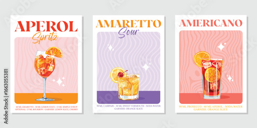 Set of 3 Cocktails retro poster. Amaretto sour, Americano, Aperol spritz. Collection of popular alcohol drinks. Vintage style vector illustrations, bar, pub, restaurant, kitchen wall art