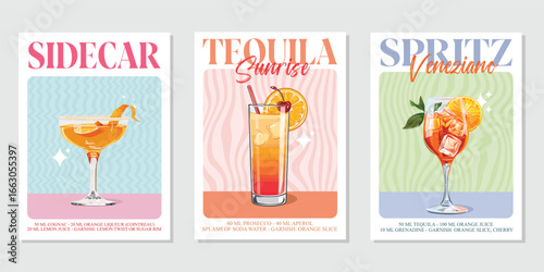 Set of 3 Cocktails retro poster. Sidecar, Spritz veneziano, Tequila sunrise. Collection of popular alcohol drinks. Vintage style vector illustrations, bar, pub, restaurant, kitchen wall art