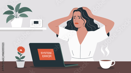 Illustration of distressed person at desk with “SYSTEM ERROR” on laptop, symbolizing tech frustration, work stress, and troubleshooting