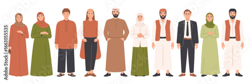Illustration of ten individuals in traditional and modern Middle Eastern attire, symbolizing cultural diversity and regional fashion heritage