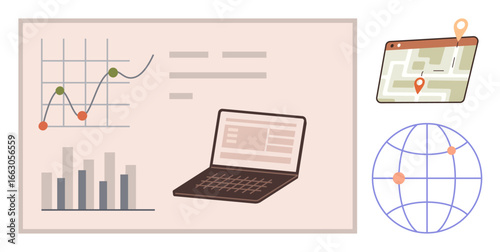 Graph with bar and line charts, open laptop screen, map tablet showing geolocation pins, globe grid. Ideal for data visualization, technology, analysis, statistics, location mapping global