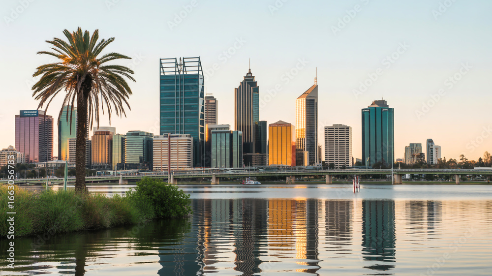 Fototapeta premium A scenic cityscape photograph of Perth, Australia at sunset, taken from across the Swan River