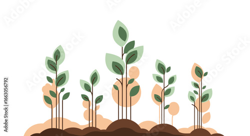 Young green plants growing up from the soil with soft orange background shapes abstract art