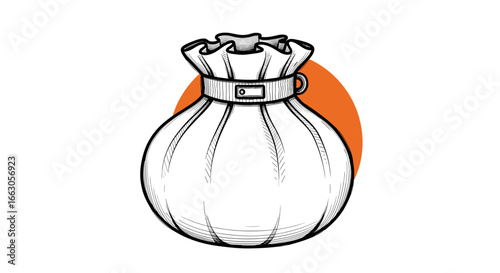 A detailed illustration of a drawstring fabric bag with a cinched top and a buckle detail on a plain background