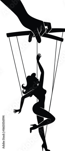 Silhouette of Female Puppet Controlled by Hand, Concept of Manipulation, Control, Power Dynamics, Domination, Symbolic Human Control Illustration