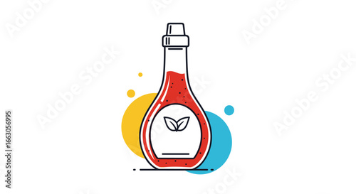 Illustration of a glass bottle containing red liquid with a leaf emblem label