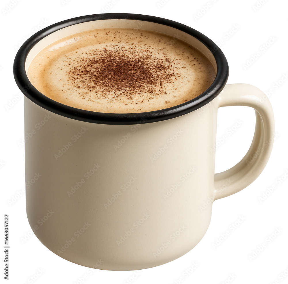 Enamel camping mug of vegan mocha with oat milk and a sprinkle of cocoa. Enamel camping mug of vegan mocha with oat milk and a sprinkle of cocoa.
