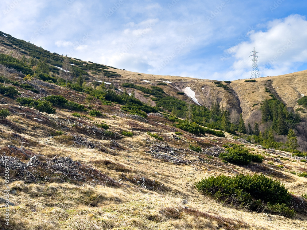 Obraz premium View of an alpine mountain range with remnants of snow against the sky in spring.
