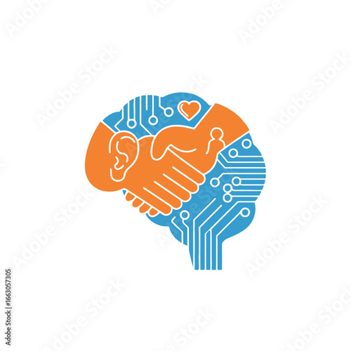 Human-AI synergy concept, a symbolic handshake inside a digital brain representing partnership and emotional intelligence