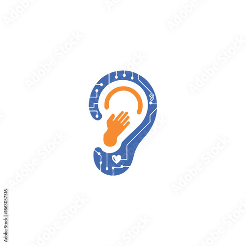 Hearing health symbol with circuit design, hand inside, and heart icon for audiology