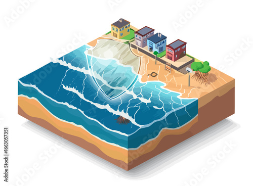 A catastrophic tsunami wave flooding a coastal town, an isometric illustration representing natural disasters and climate change