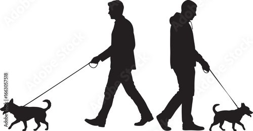 Two different men walking their dogs on a leash vector silhouette