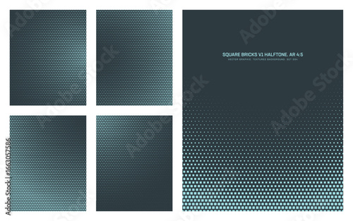 Assorted vector square bricks cyan halftone pattern set in vertical 4:5 aspect ratio including round smooth blurred frame and various textures. Varied mod geometric half tone textured design elements