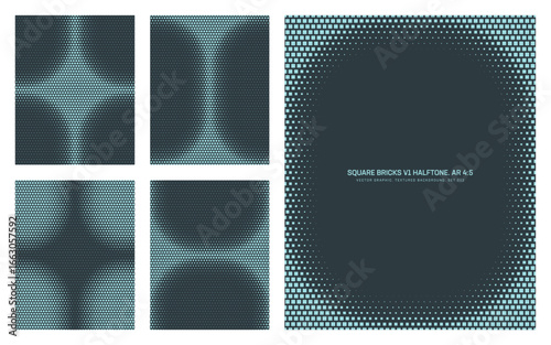 Assorted vector square bricks cyan halftone pattern set in vertical 4:5 aspect ratio including rounded frame and various unique textures. Retro futuristic geometric half tone textured design elements