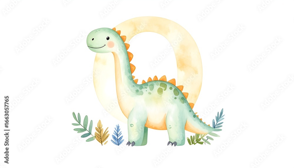 Naklejka premium Cute dinosaur within letter O, surrounded by foliage