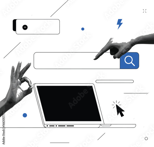 Concept illustration of online search with hands interacting with a laptop and search bar signifying efficiency success and digital solutions for business growth and online communication