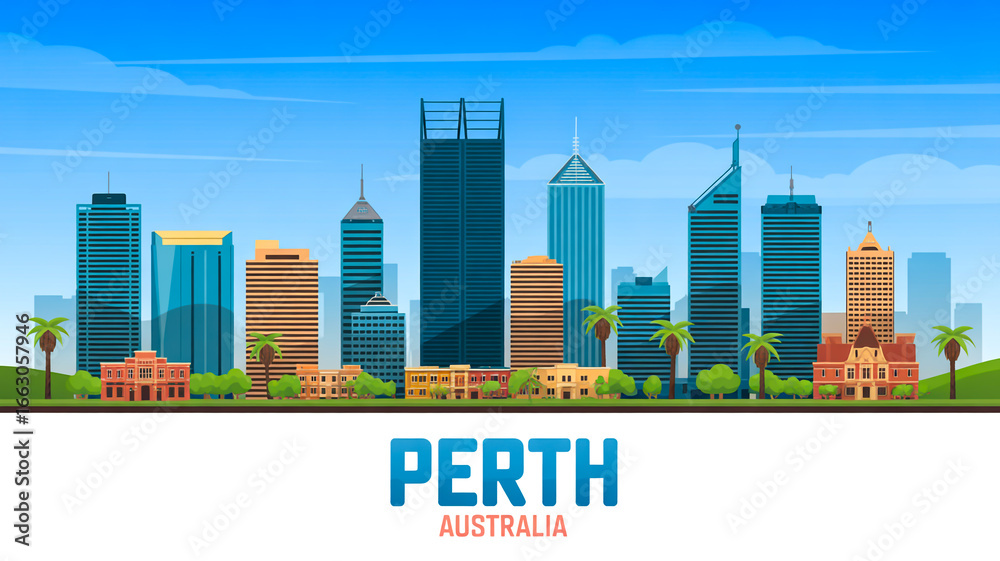 Fototapeta premium A stylized digital illustration of the Perth, Australia skyline in a flat design style. 