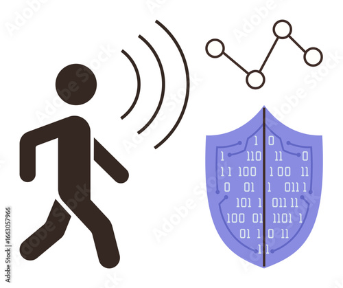 Person emitting waves, shield displaying binary patterns, and a graph of linked points. Ideal for technology, communication, security, audio, signal processing data analysis innovation. Simple flat