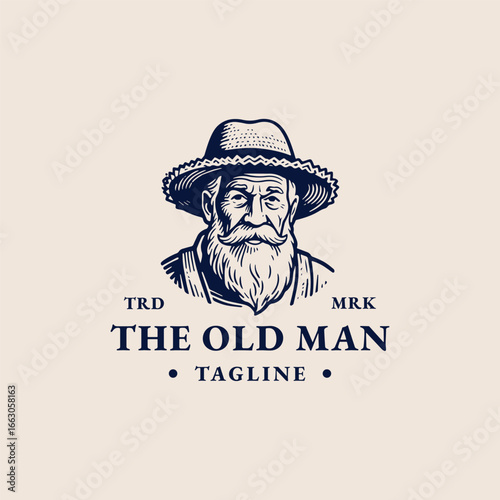 Old man farmer logo in vintage design, emblem of roots and tradition.