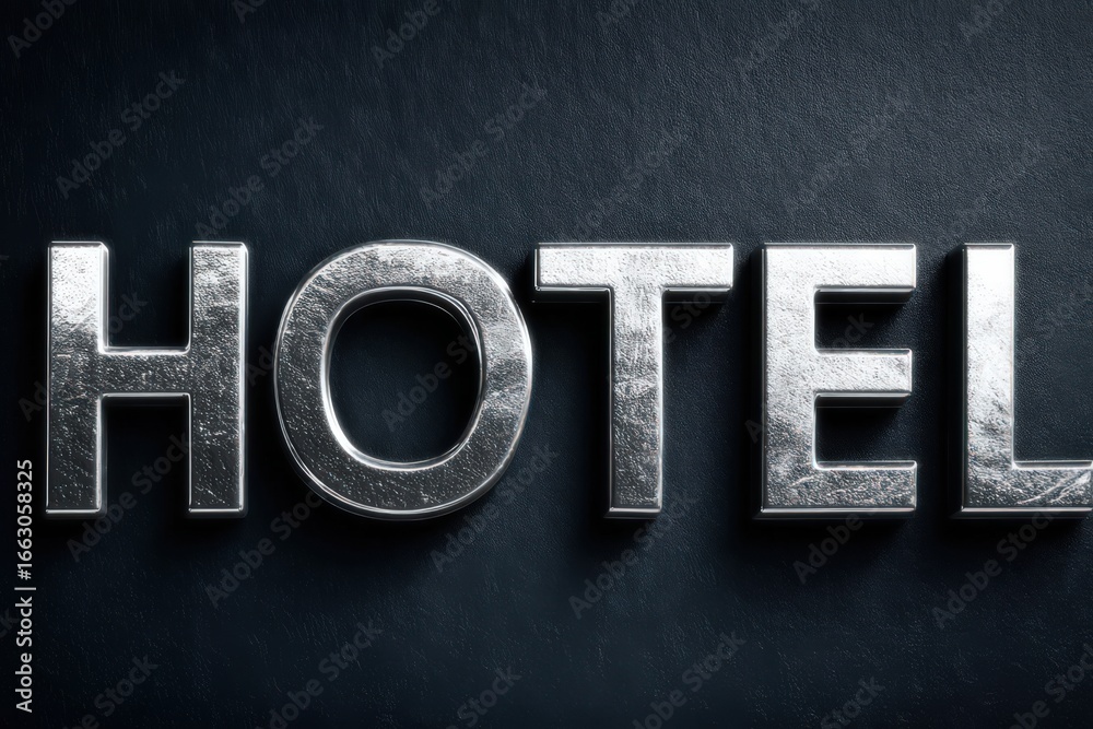 Naklejka premium Metallic signage prominently displaying the word HOTEL against a textured dark backdrop illuminating the essence of luxury accommodation and travel experiences captured with clarity