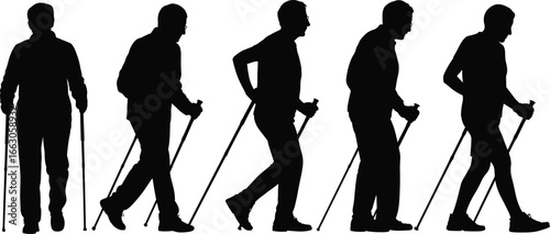 Silhouettes of Men Nordic Walking with Trekking Poles, Active Lifestyle, Fitness Exercise, Outdoor Activity, Isolated on White Background