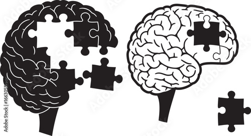 Human brains as puzzles missing pieces to represent memory loss vector silhouette