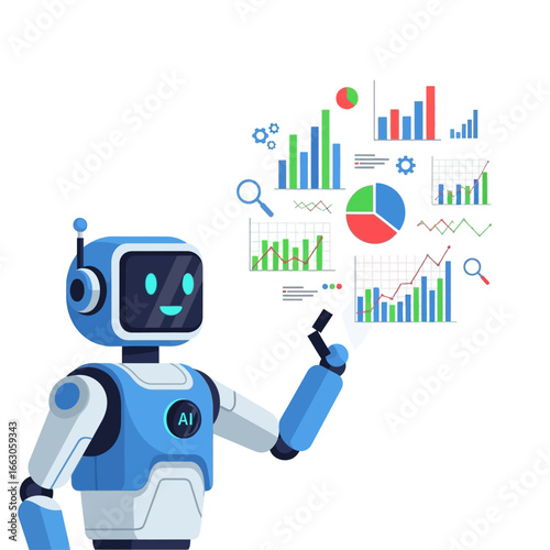 A friendly AI robot presenting various data charts and graphs, symbolizing data analysis and technological advancement.