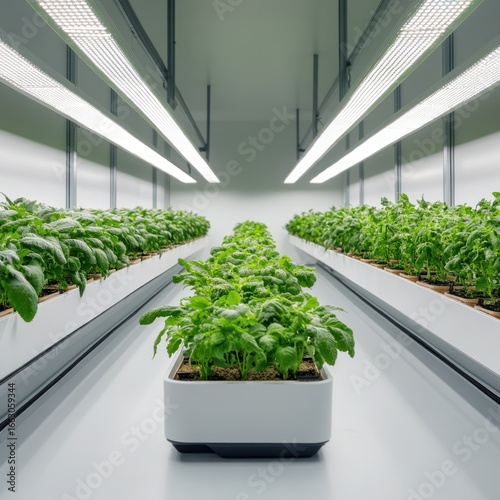 Urban Cultivation: An indoor farm showcases rows of flourishing plants under the glow of linear lights, a futuristic symbol of sustainable agriculture.