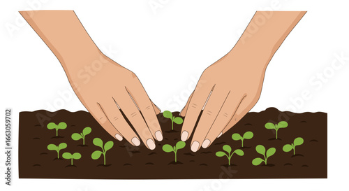 Hands planting seeds illustration promoting vegetarian lifestyle growth and eco friendly awareness on world vegetarian day