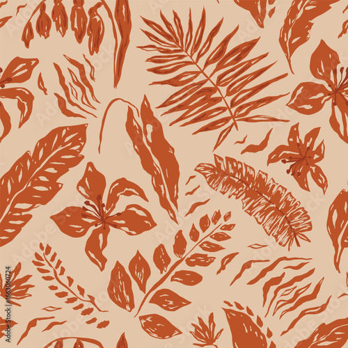Brown tropical boho seamless pattern. Summer botanical dry palm leaves, flowers, foliage texture. Ethnic print, wallpaper, repeat background, hand drawn textile design, natural hippie ornament. Vector