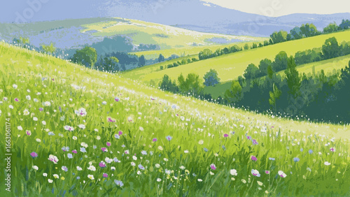 Meadow's Whisper Landscape of hills, lush green grass and colorful wildflowers isolated watercolor vector illustration svg