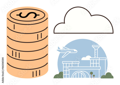 Stack of gold coins, a cloud icon, and an airport with a flying airplane symbolizing aviation commerce, innovation, data, and connectivity. Ideal for finance, air travel, economy technology global