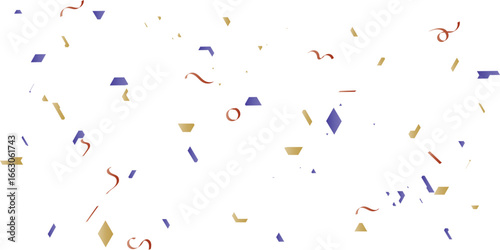 A festive and celebratory abstract background with a multitude of scattered confetti and streamers in red, yellow, and blue, creating a joyful, dynamic pattern on a clean white background.
