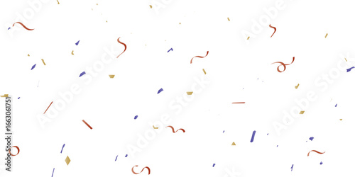 A festive and celebratory abstract background with a multitude of scattered confetti and streamers in red, yellow, and blue, creating a joyful, dynamic pattern on a clean white background.