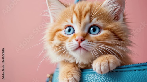 Cute ginger kitten peeking out from blue handbag on pink background during playful moment indoors