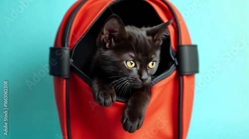 Curious black kitten exploring orange pet carrier on turquoise background