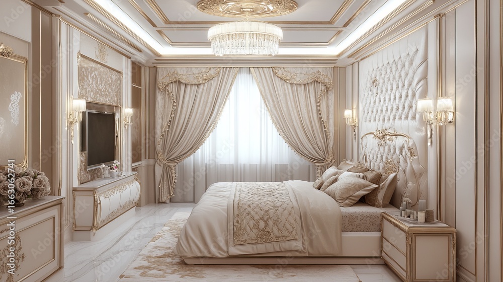 Fototapeta premium Opulent bedroom interior, luxurious design with ornate trim, bed, curtains, and chandelier