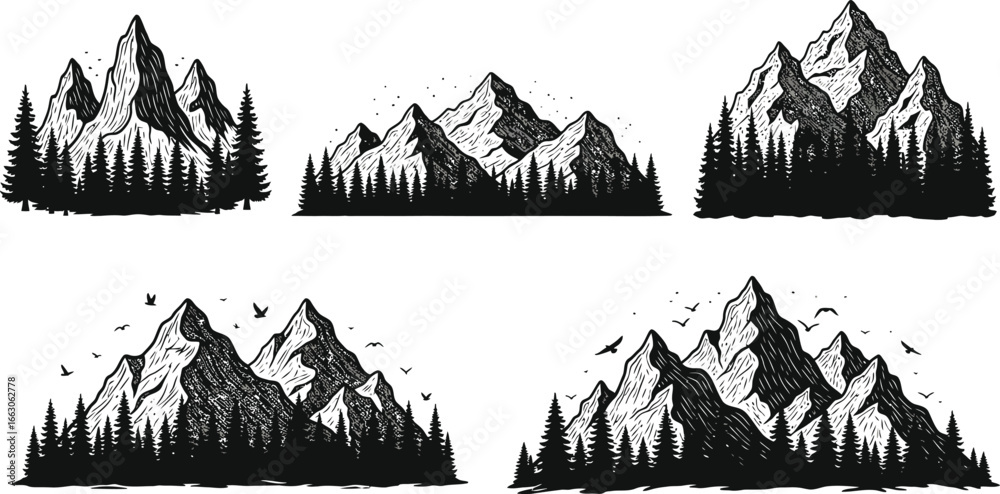 Obraz premium Collection of five detailed black and white mountain range illustrations with pine trees