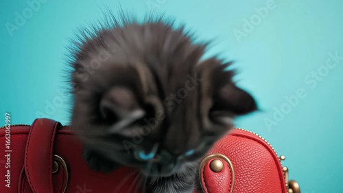 Cute fluffy black kitten with blue eyes looks out of a red handbag on a turquoise background.