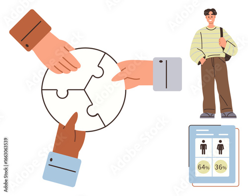 Hands joining puzzle pieces symbolizing teamwork, young man standing confident, chart displaying gender statistics. Ideal for collaboration, diversity, data, education, sociology, analysis equality