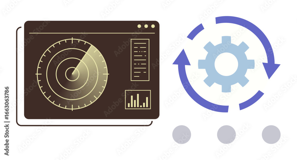 Radar panel scanning data alongside a rotating gear with arrows. Ideal for monitoring, analytics, process tracking, automation, innovation, workflow, technical efficiency. A simple flat metaphor Radar panel scanning data alongside a rotating gear with arrows. Ideal for monitoring, analytics, process tracking, automation, innovation, workflow, technical efficiency. A simple flat metaphor