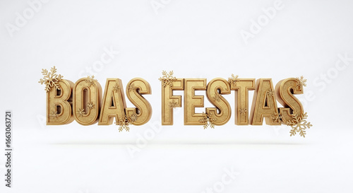 Golden boas festas text with snowflakes on a white background for festive celebrations and greetings