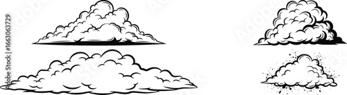 Four hand drawn black and white cloud or smoke puffs isolated on white