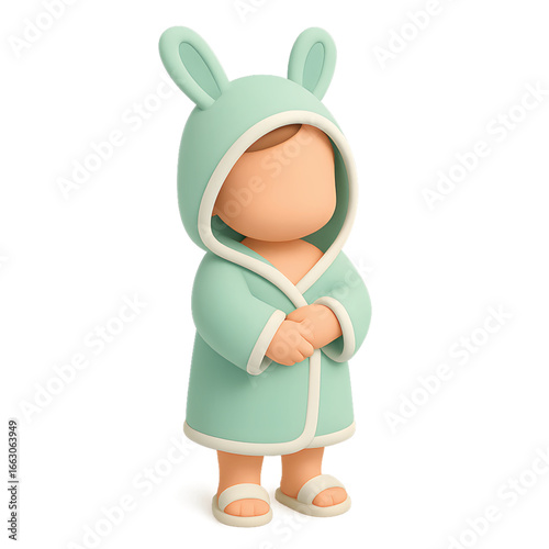 Cute toddler in mint green bunny robe standing quietly with folded hands, 3D cartoon illustration
