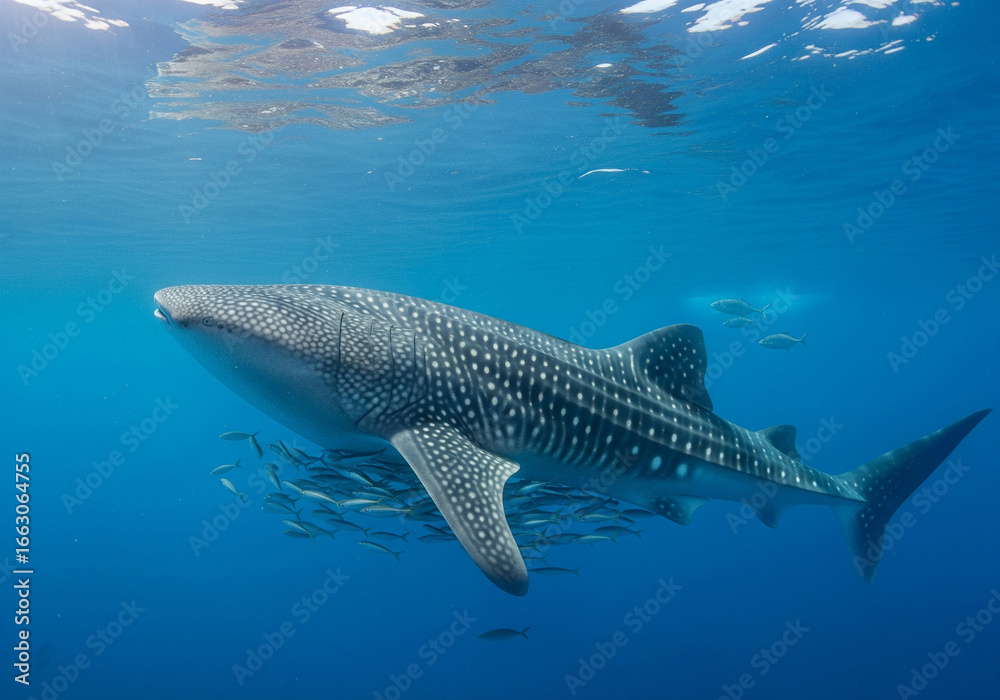 Naklejka premium A majestic whale shark swimming gracefully in the clear blue waters of a tropical ocean.