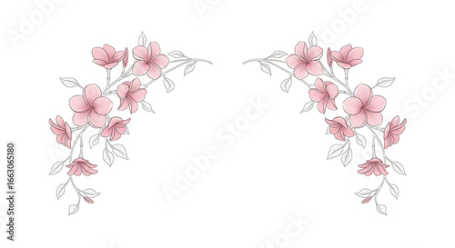 Watercolor abstract Flowers in orange and pink colors. Hand drawn floral illustration for greeting cards or wedding invitations. Bouquet with green leaves on isolated background. Botanical sketch.