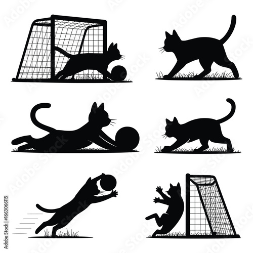 Playful cats engaging in football actions silhouette