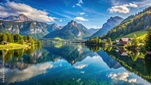 Serene mountain lake scenery with a vast panorama view of Grundlsee
