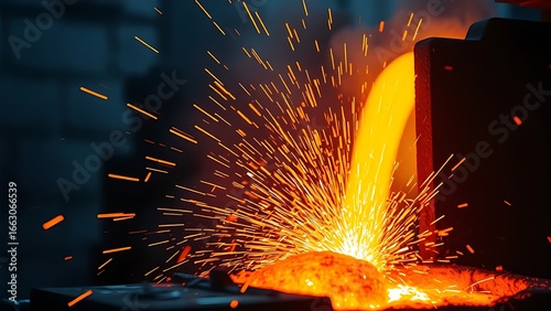 Glowing molten metal with sparks, showcasing industrial power and dynamic energy.
