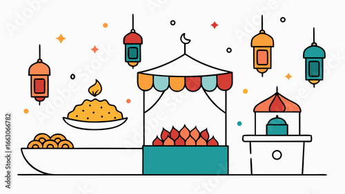 Indian street food stall with traditional sweets, colorful lanterns and festive decor in flat line art style